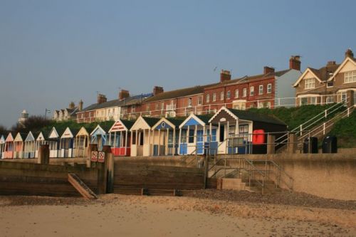 Southwold Beach with Beach Huts and 23 North Parade overlooking