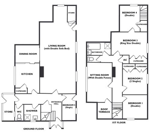 The floorplans of Little Dingle Cottage, showing the large living room and the six well furnished bedrooms.